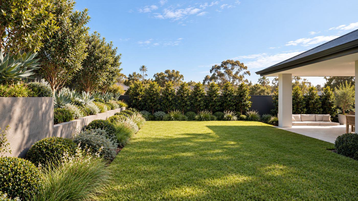 Rear lawn between a rendered retaining wall with layered planting and a covered outdoor room