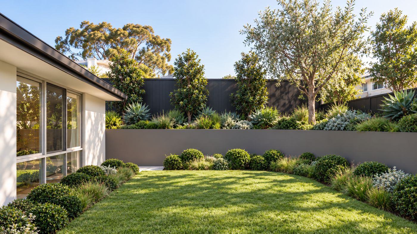 Lawn beside the house edged with clipped shrubs below a rendered retaining wall of layered planting