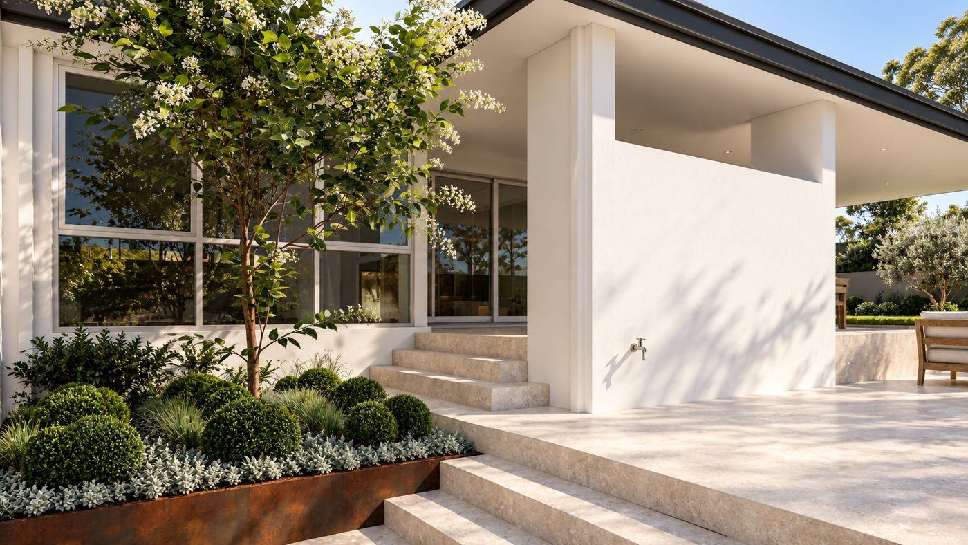 Limestone steps beside a corten-edged planter with a flowering tree and clipped shrubs