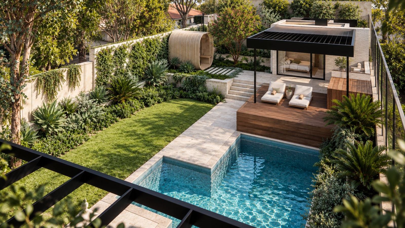 Overhead view of the backyard: pool, lawn, timber deck, pavilion under a black pergola and a timber garden pod