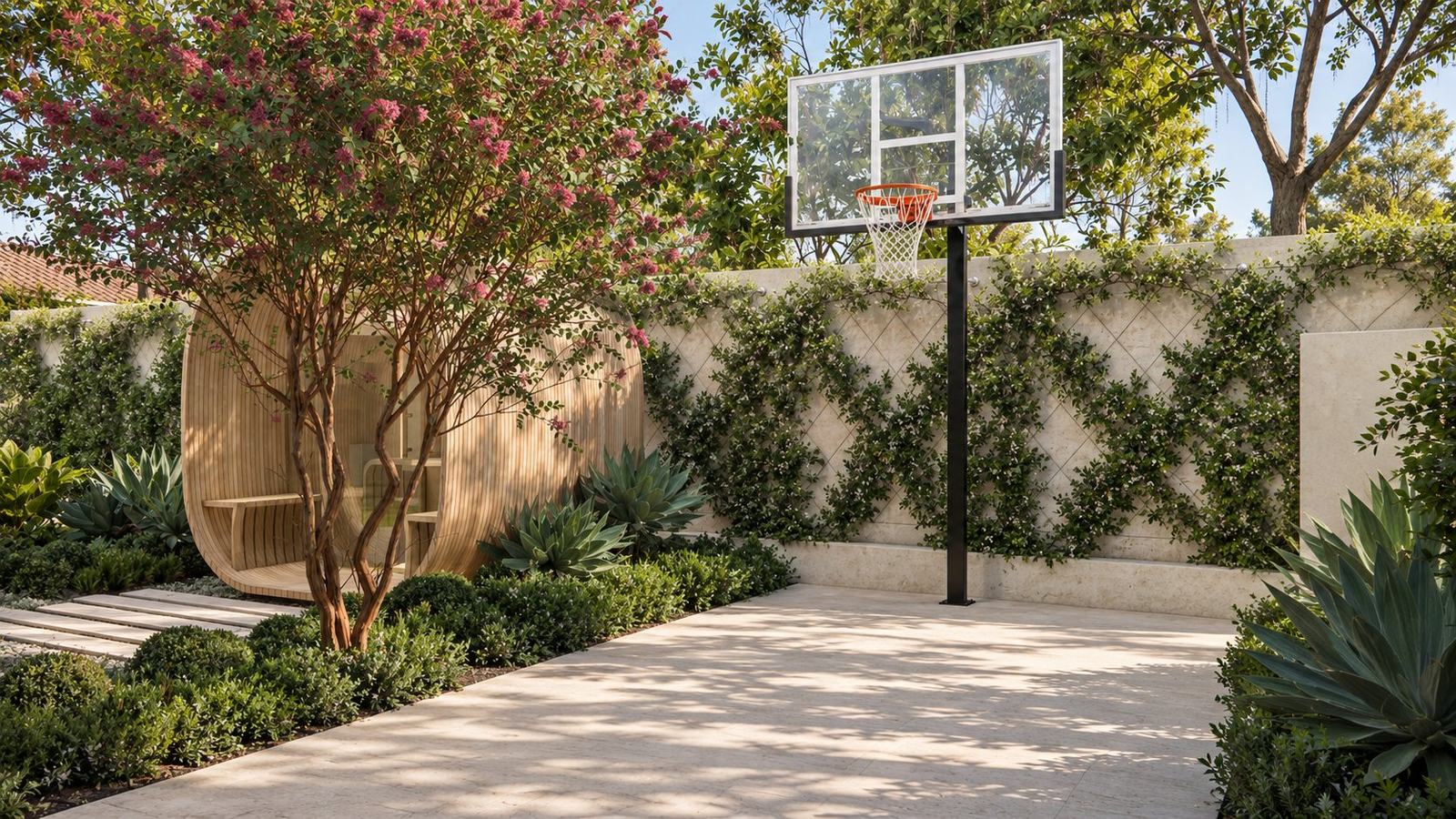 Half court against a limestone wall trellised with star jasmine