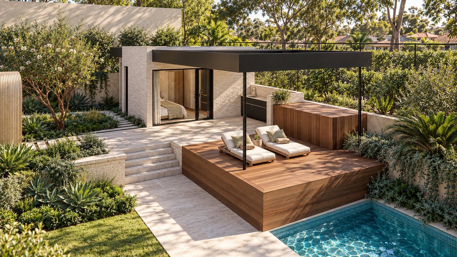 Timber deck with day beds under the black pergola, beside the pavilion and stone steps