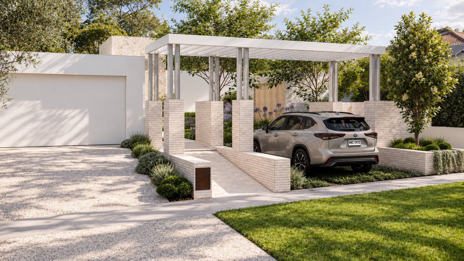 White pergola and brick piers framing the entry path and carport