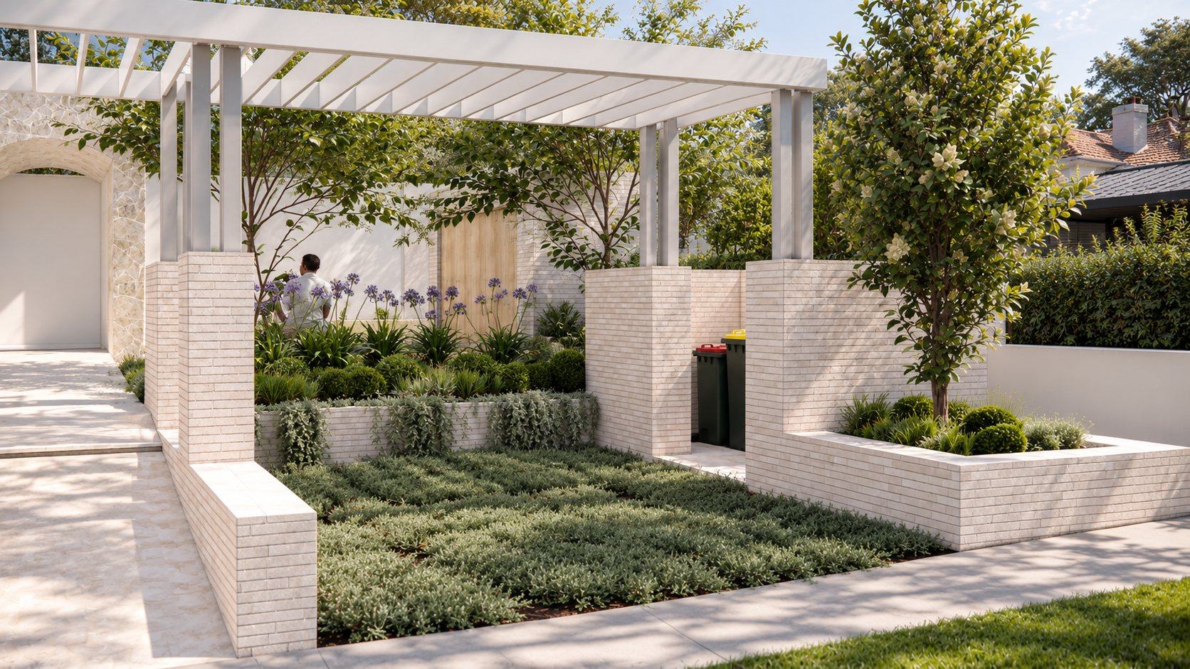 Front garden of groundcovers and agapanthus within pale brick planters under the pergola
