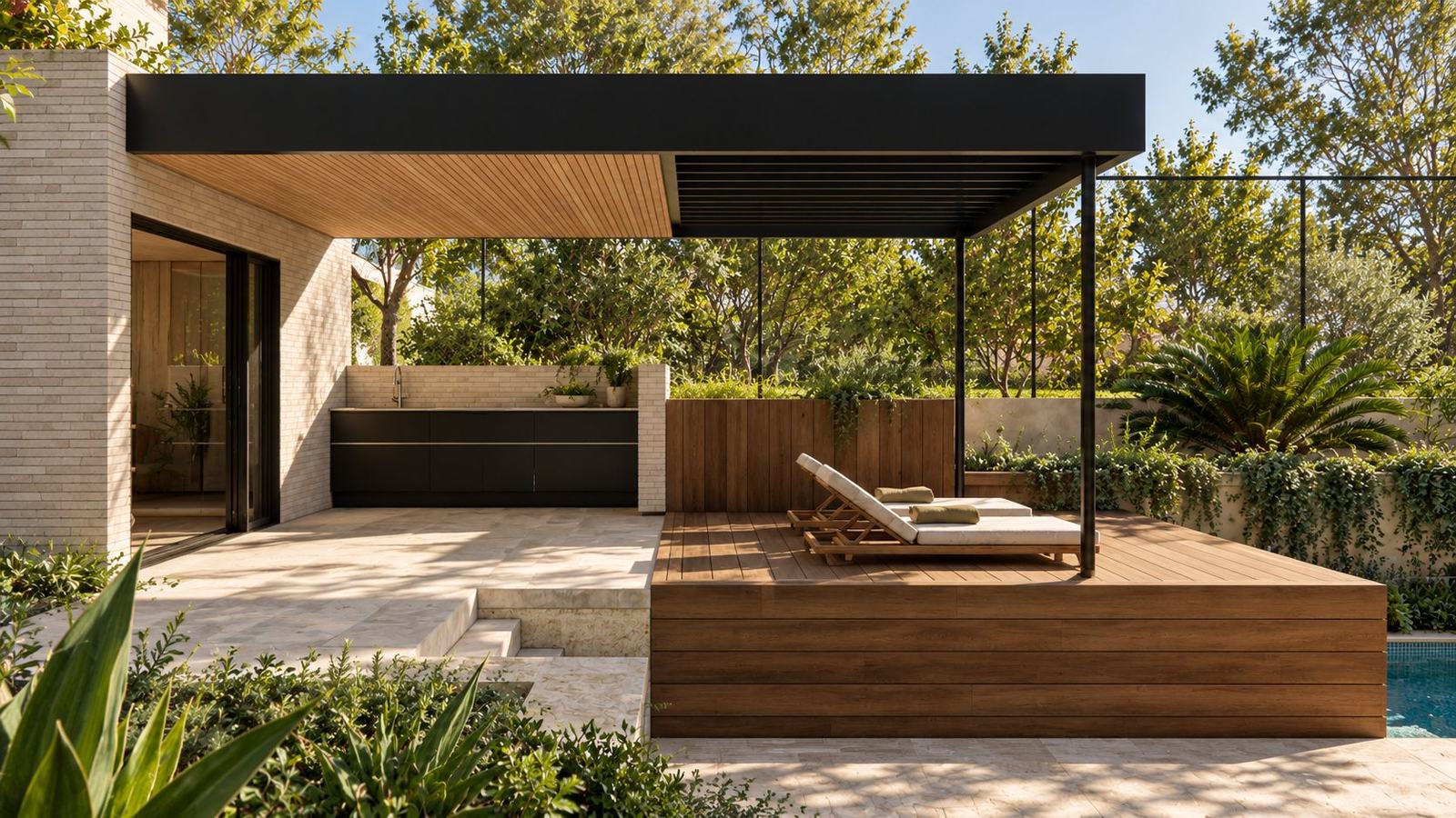 Outdoor kitchen and timber deck with sun loungers beside the pool