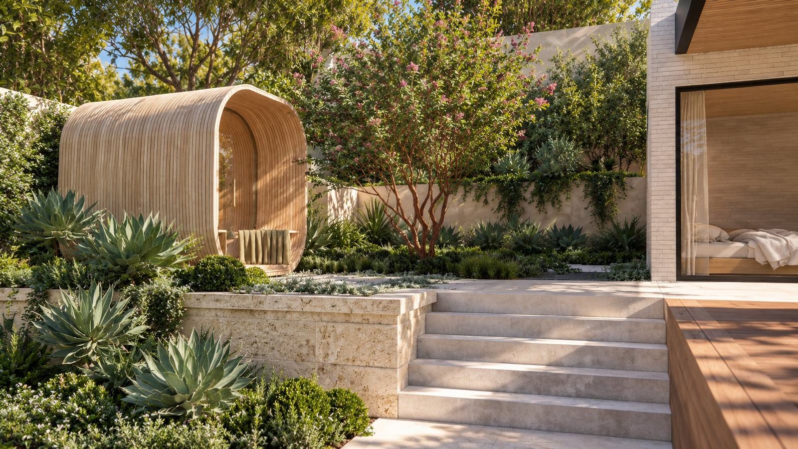 Curved timber garden pod above limestone steps, agave and a flowering crepe myrtle