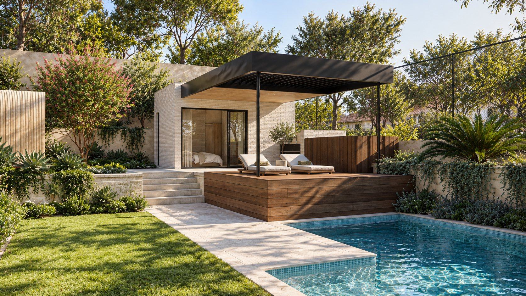 Pool edge and lawn leading to the raised deck and brick pavilion