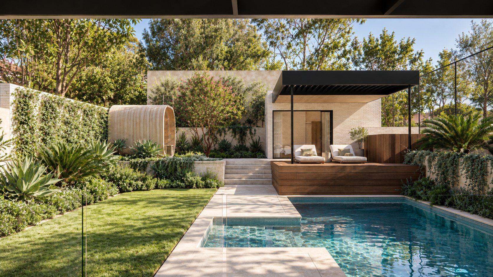York Terrace Residence: pool and lawn leading to a brick pavilion under a black pergola, with a timber garden pod in the planting