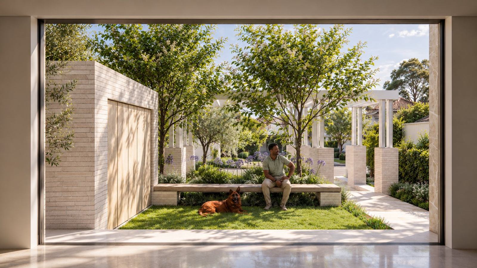 View through a full-height opening to a brick bench, lawn and agapanthus under flowering trees